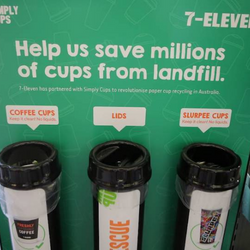 trash bins for coffee cups, lids, slurpee cups